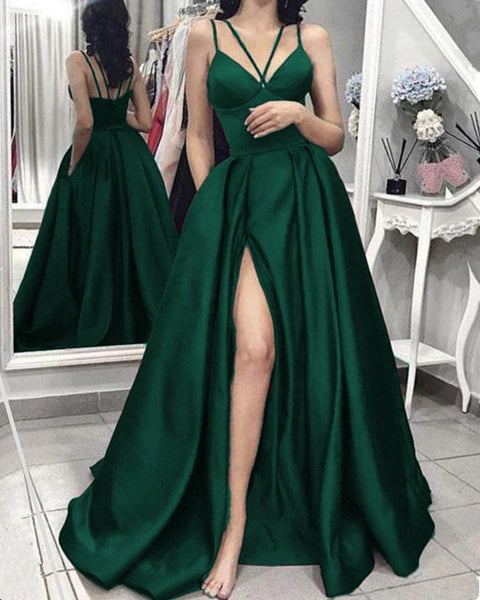 Sexy Spaghetti Straps Prom Dress High Slit Evening Dresses Red, Blue & Green 3 Colors