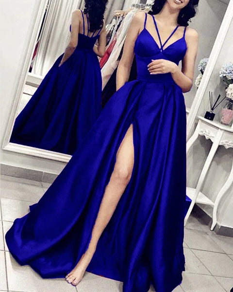 Sexy Spaghetti Straps Prom Dress High Slit Evening Dresses Red, Blue & Green 3 Colors