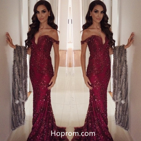 Off The Shoulder Burgundy Prom Dresses, Sparkly Sexy Evening Dresses