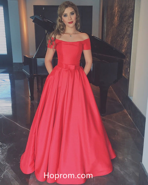 Elegant Off the Shoulder Prom Dress, Red Satin Evening Prom Dress