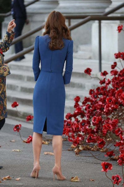 Blue Princess Kate Middleton Short Long Sleeves Dress Knee Length Prom Best Cocktail Celebrity Evening Dress