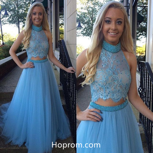 High Collar Two Piece Prom Dress, Blue Beading Tulle Evening Gown