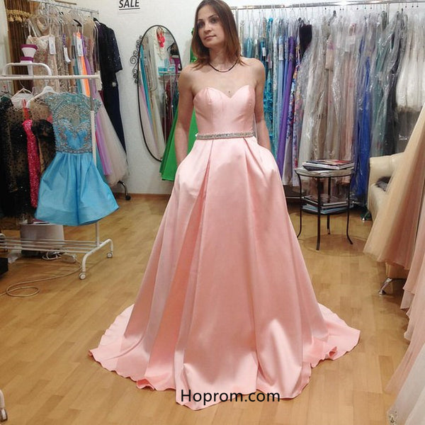 Pink Sweetheart Prom Dress, Beaded Formal Dresses