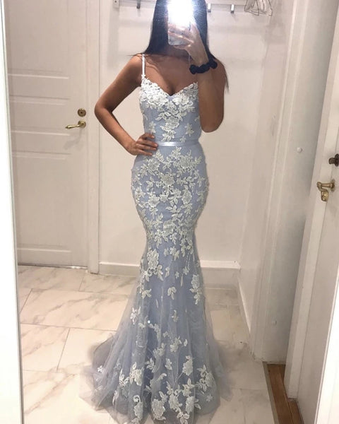 Mermaid Appliques Lace Grey Prom Dresses Evening Formal Dresses