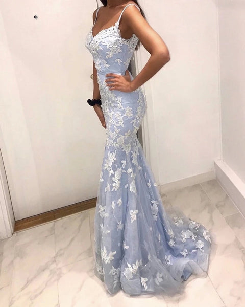 Mermaid Appliques Lace Grey Prom Dresses Evening Formal Dresses
