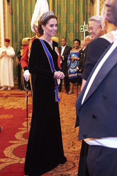 Black Princess Kate Middleton Velvet Dress Long Sleeves Prom Celebrity Evening Dress Diplomatic Reception