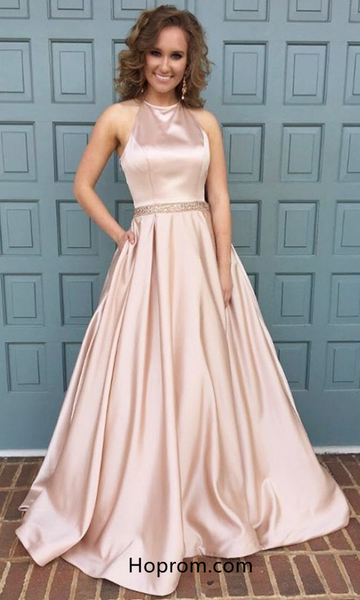 Elegant Halter Prom Dress, Pink Beaded Prom Dresses