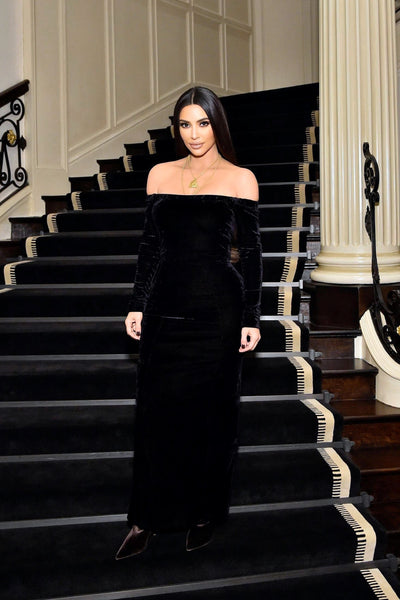 Black Kim Kardashian (Kim K) Velvet Off The Shoulder Dress Long Sleeves Prom Celebrity Dress Online