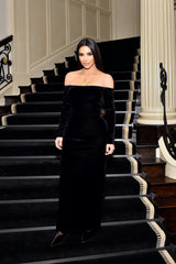 Black Kim Kardashian (Kim K) Velvet Off The Shoulder Dress Long Sleeve –  Hoprom