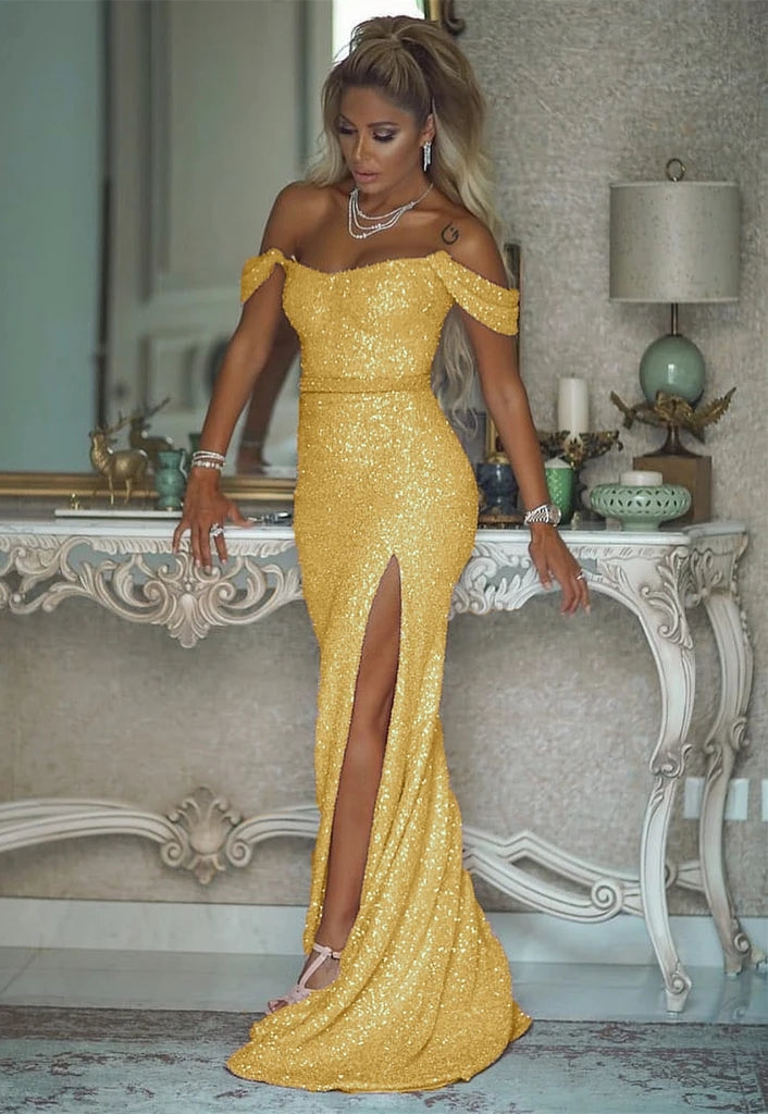 Off the Shoulder Slit Sexy Prom Dresses Bling Evening Dresses Yellow, Hoprom Off the Shoulder Slit Sexy Prom Dresses Bling Evening Dresses Yellow, Hoprom