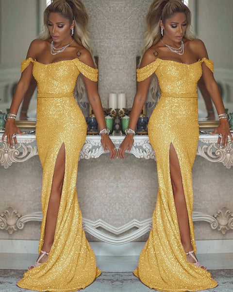 Off the Shoulder Slit Sexy Prom Dresses Bling Evening Dresses Yellow, Silver & Pink 3 Colors
