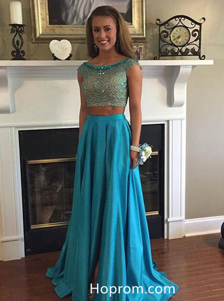 Cute Two Pieces Prom Dresses, Beading Long Prom Dresses