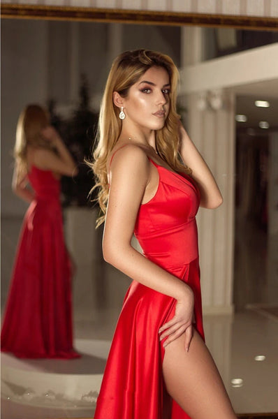 Red High Slit Sexy Prom Dresses V Neck Evening Dresses