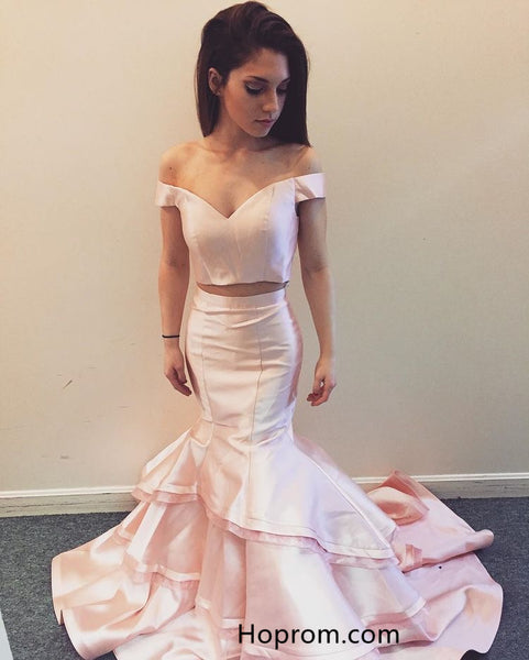 Pink Mermaid Prom Dress, Two Piece Off-Shoulder Prom Dresses