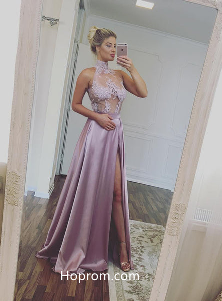 Purple High Neck Prom Dress, Elegant Lace Prom Dresses