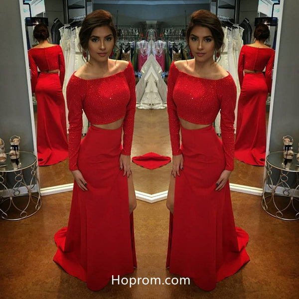 Hot Red Long Sleeves Prom Dress, Two Pieces Sequins Prom Dresses