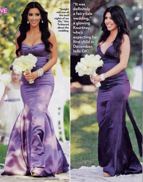 purple Kim Kardashian (Kim K) Bridesmaid Strapless Dress Satin Mermaid Wedding Dress Best Celebrity Gown