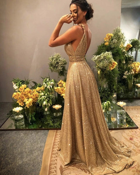 Metallic Glitter Plunge V Neck Prom Dresses Open Back Evening Dresses