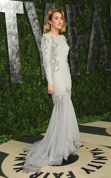 Grey Miley Cyrus Mermaid Long Sleeve Party Dress Sequin Prom Celebrity Formal Dress Vanity Fair Oscar