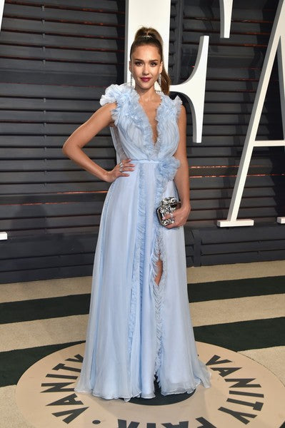 Blue Jessica Alba V Neck High Slit Long Prom Celebrity Evening Gown Vanity Fair Oscar Party