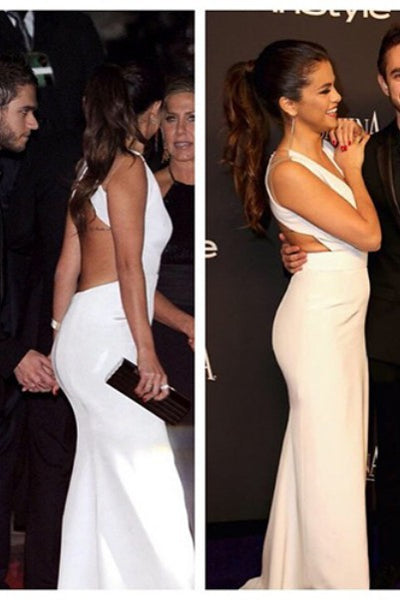 White Selena Gomez V Neck Open Back Prom Celebrity Dress Red Carpet Golden Globes