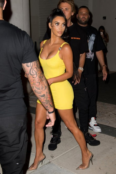 Yellow Kim Kardashian (Kim K) Mini Round Neck Wrap Dress Short Prom Cocktail Party Celebrity Dress