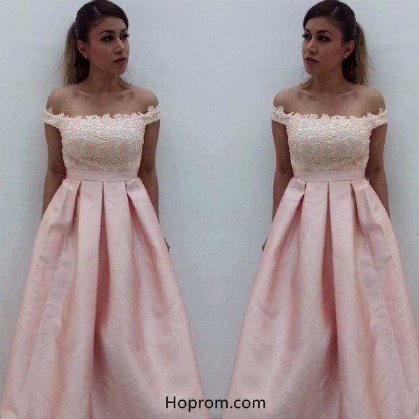 Off-Shoulder Pink Prom Dress, A-line Lace Prom Dresses
