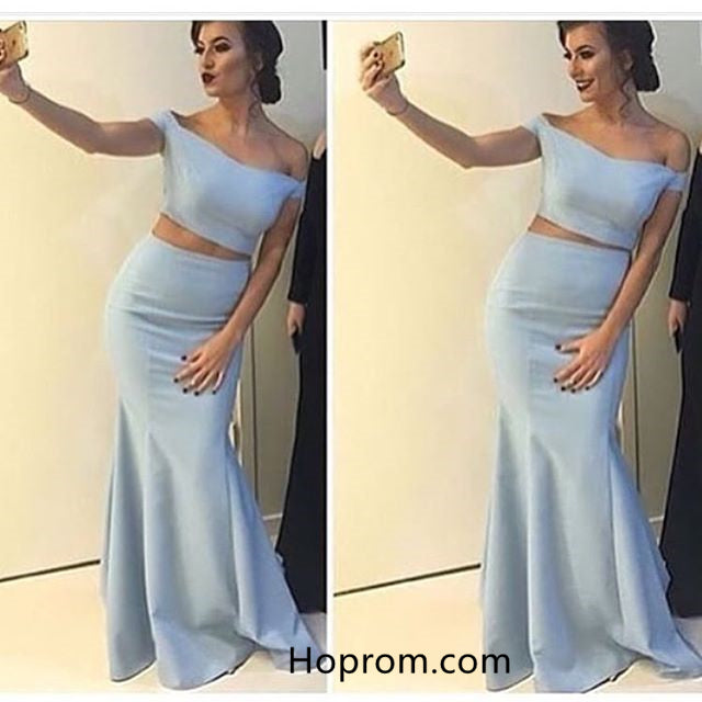 Two Pieces Blue Prom Dress, Off-Shoulder Cute Party Prom Dresses