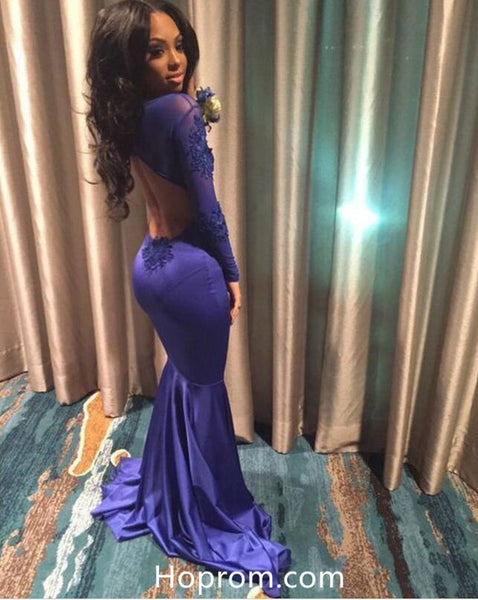 Purple Long Sleeve Prom Dress, Mermaid Open Back Prom Dresses