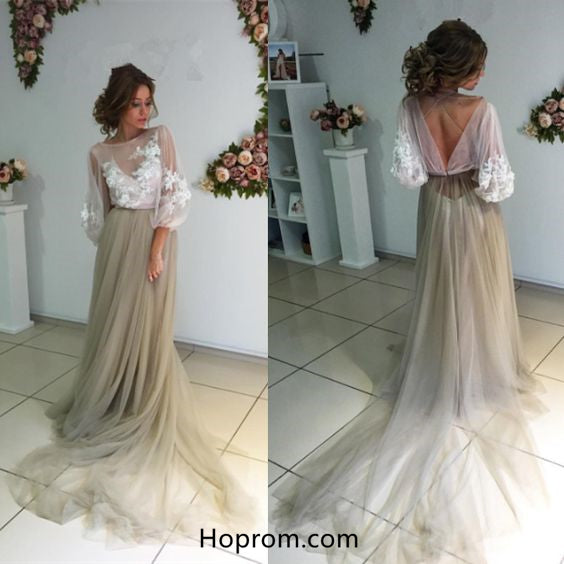 Long Sleeves Applique Prom Dresses, Elegant Prom Dress