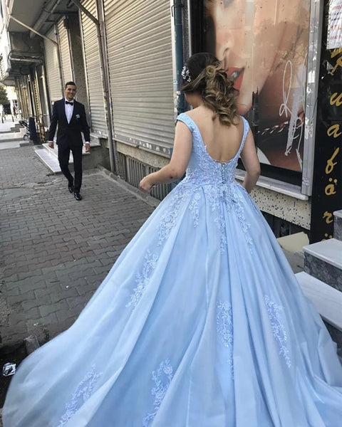 Elegant Applique Straps Lace Blue Prom Dresses Formal Evening Dresses Blue & Pink 2 Color