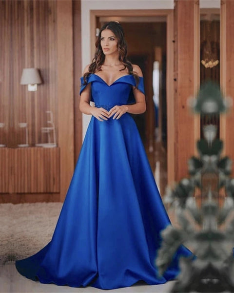 Simple Off the Shoulder Blue Dresses Satin Beading Evening Dresses