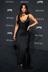 Black Kim Kardashian (Kim K) Satin Dress V Neck Prom Celebrity Dress L –  Hoprom
