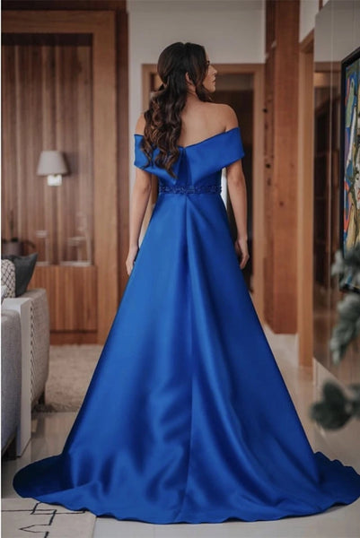Simple Off the Shoulder Blue Dresses Satin Beading Evening Dresses