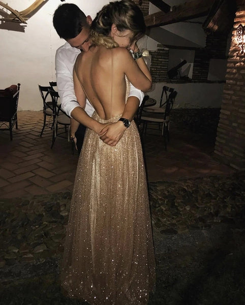 Bling Bling Sequins Backless Prom Dresses Plunge V Neck Sexy Evening Dresses