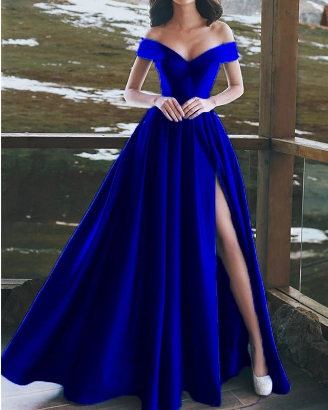 Off Shoulder High Slit Prom Dresses Simple Evening Dresses Red, Blue & –  Hoprom
