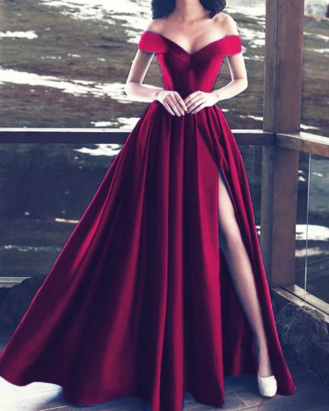 Off Shoulder High Slit Prom Dresses Simple Evening Dresses Red, Blue & Green
