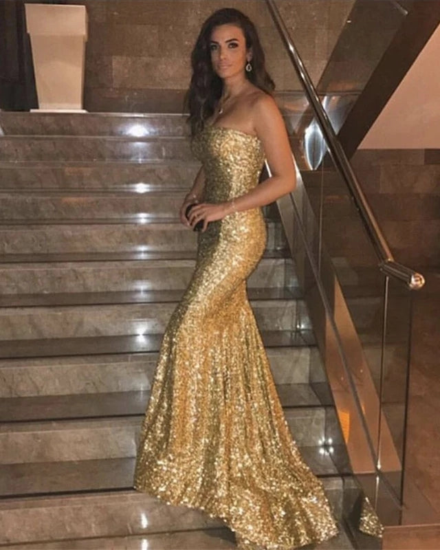 chinese dress ladies Bling Mermaid Prom Dresses Strapless Sequins Evening Dresses Golden, S –  Hoprom