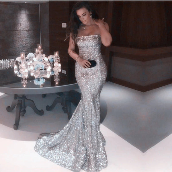 Bling Mermaid Prom Dresses Strapless Sequins Evening Dresses Golden, Silver & Blue 3 Colors