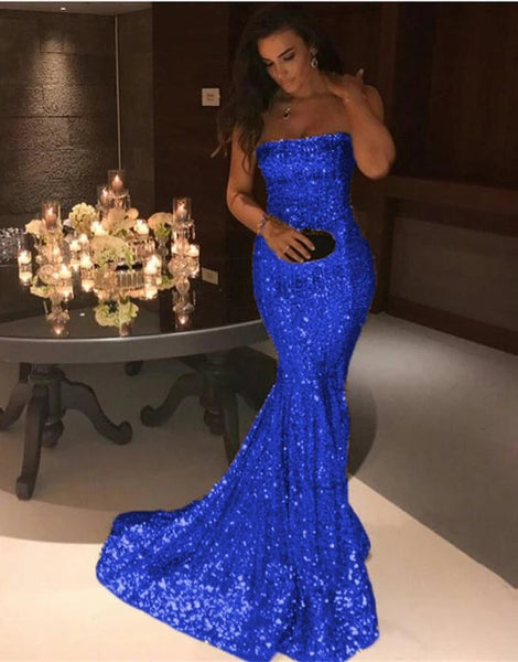 Bling Mermaid Prom Dresses Strapless Sequins Evening Dresses Golden, Silver & Blue 3 Colors