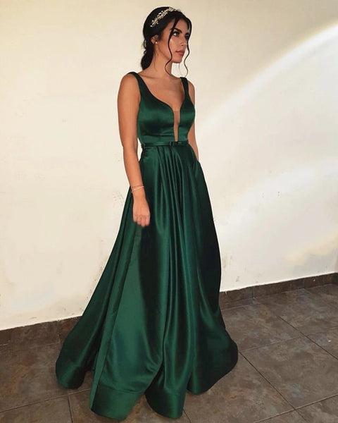 Plunge V Neck Long Sexy Prom Dresses Formal Evening Dresses Green & Blue 2 Colors