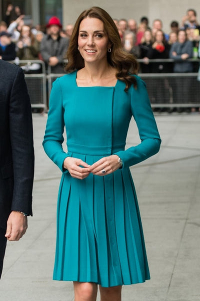 Blue Princess Kate Middleton Short Long Sleeves Dress Knee Length Prom Cocktail Celebrity Evening Dress BBC Visit