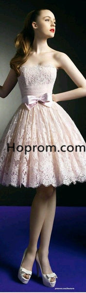 Pink Bowknot Lace Homecoming Dress, Strapless Homecoming Dress