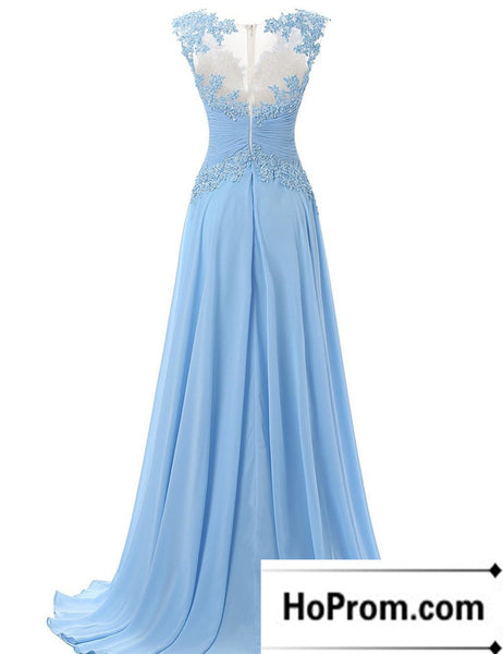 Cap Sleeve Applique Blue Prom Dress Evening Dresses