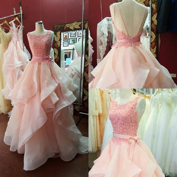 A-Line Ruffles Pink Beading Prom Dresses Evening Dress