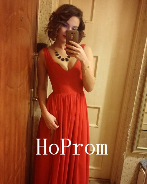 V-Neck Prom Dresses,Red A-Line Prom Dress,Evening Dress
