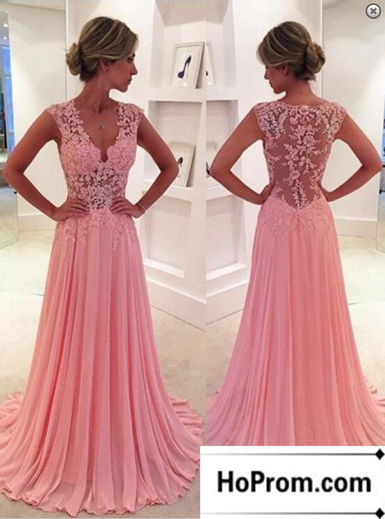 V-Neck Pink Lace A-line Prom Dress Evening Dresses