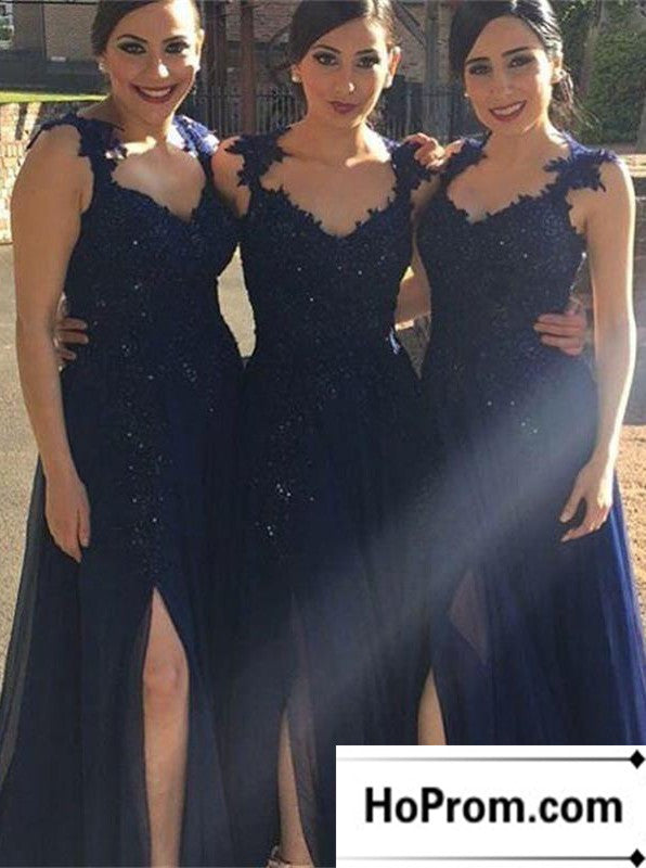 Sleeveless Dark Navy Beads Prom Dress Evening Dresses