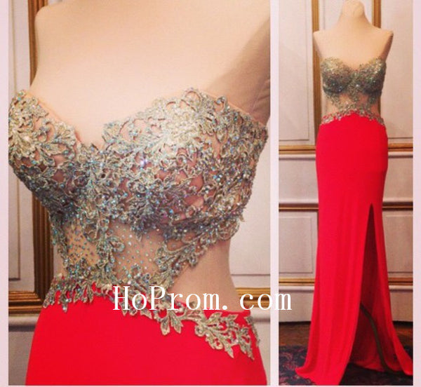 Sweetheart Red Prom Dresses,Slit Prom Dress,Evening Dress