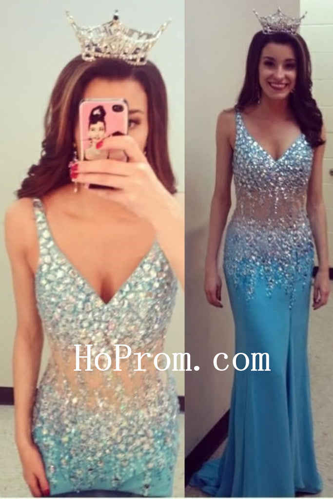 Blue Prom Dresses,V-Neck Prom Dress,Beading Evening Dresses